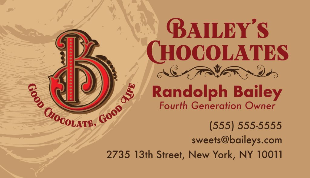 Business card for Bailey's Chocolates