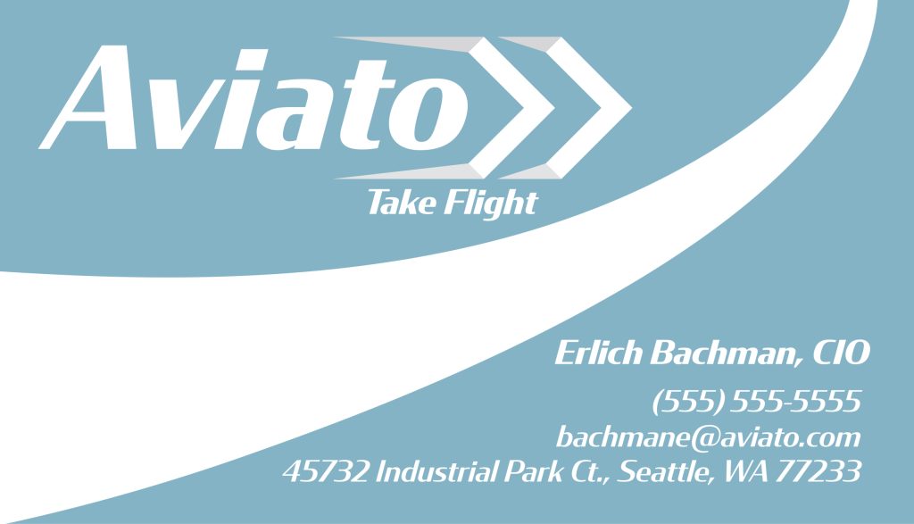 Business card for Aviato with text: Aviato, Take Flight
