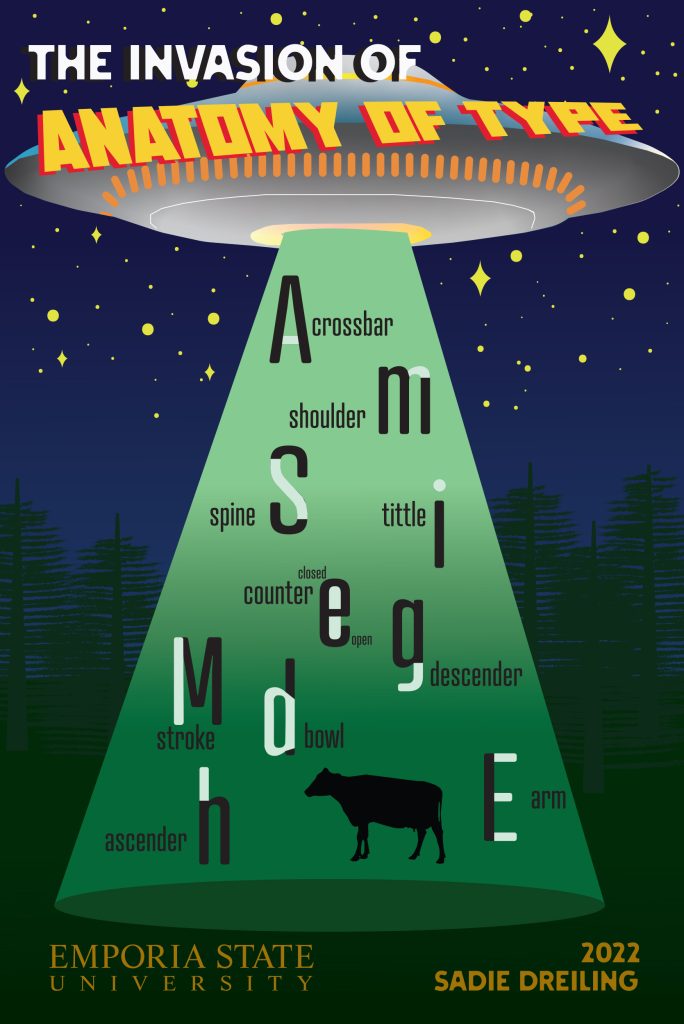 Illustration of a UFO in a night sky with text: The Invasion of Anatomy of Type, Emporia State University, Sadie Dreiling 2022. The light emitting from UFO shows the silhouette of a cow as well as different characters of the English alphabet. Parts of each character are highlighted and labeled: uppercase A - crossbar, lowercase M shoulder, S spine, lowercase i tittle, lowercase e closed counter and open counter, lowercase g descender, lowercase d bowl, uppercase M stroke, lowercase h ascender, and uppercase e arm.