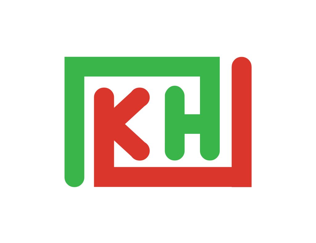Monogram with initials KH. Red K and Green H.