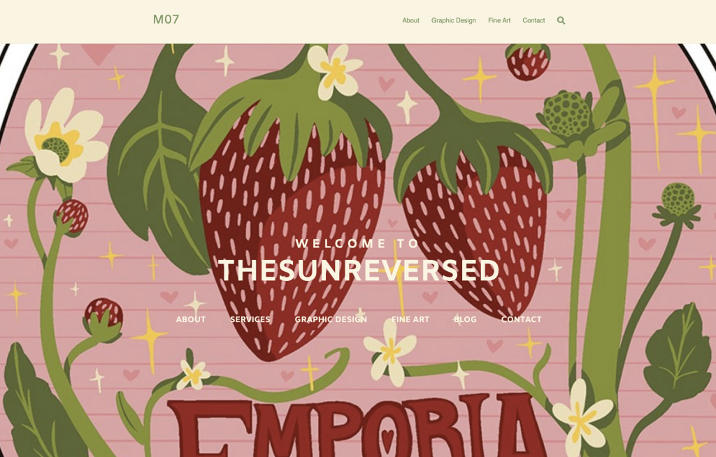 Screenshot of webpage created by student. Illustration of strawberries in the background with navigational text. Title of webpage is Welcome to the Sunreversed.