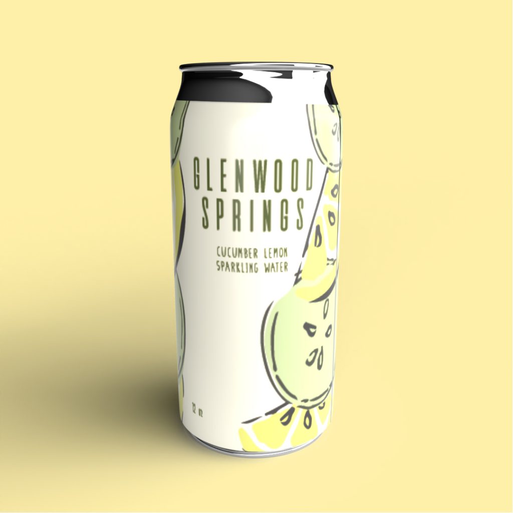 Mock-up of soda can design. White can with text: Glenwood Springs; Cucumber Lemon Sparkling Water. Can design has lemon and cucumber slices.
