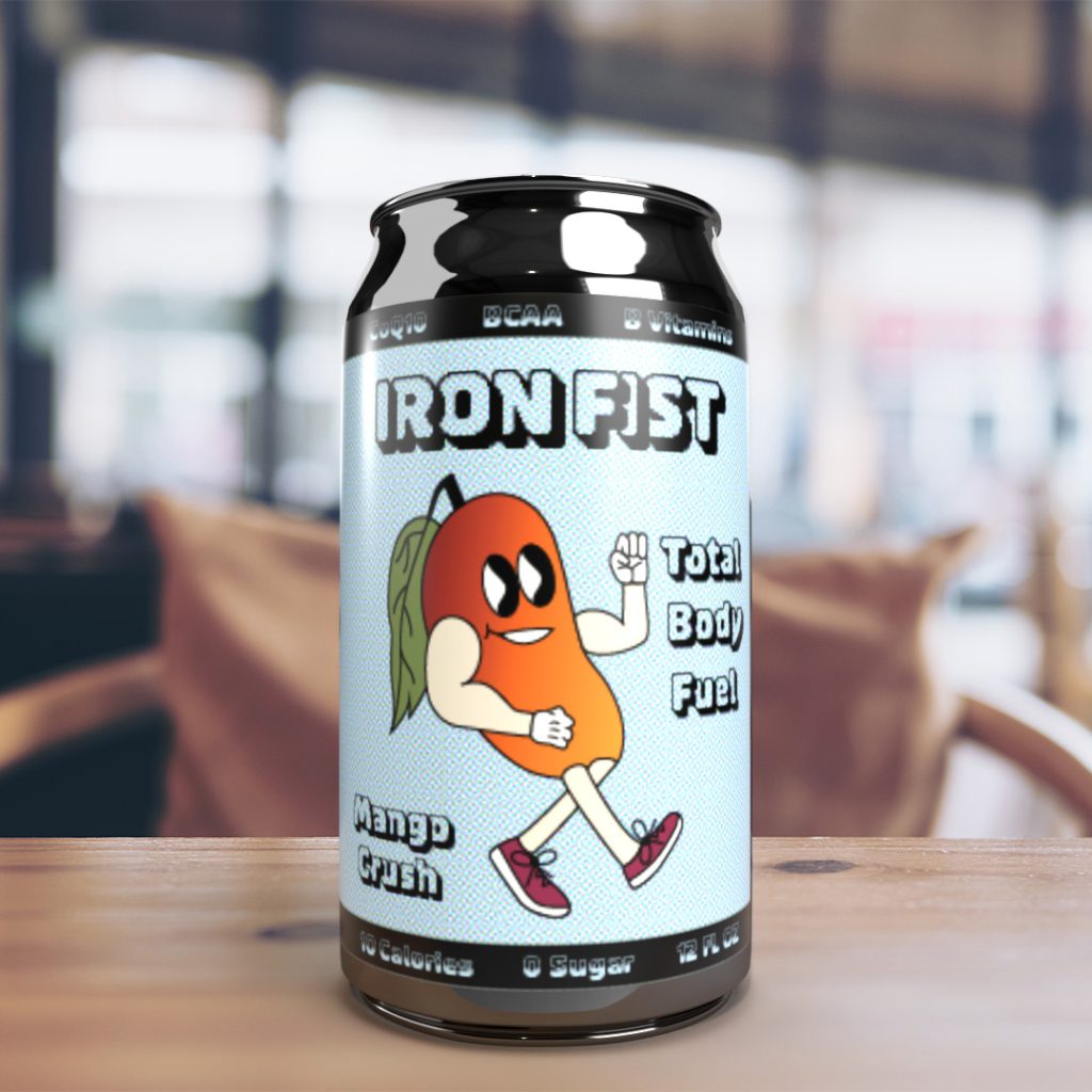 Mock-up of soda can design. White can with text: Iron Fist, Total Body Fuel, Mango Crush. Can design features a mango with legs and biceps.