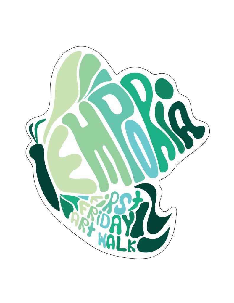 Half of a butterfly with wings made of words. The word Emporia creates the top wing and the words First Friday Art Walk make the bottom wing.