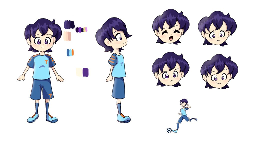 Character design. Young soccer player. Front facing and side profile designs. 4 facial expressions.