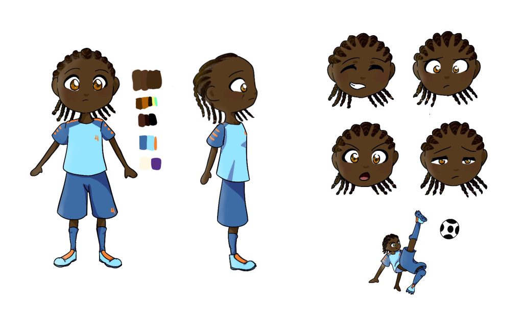 Character design. Young soccer player. Front facing and side profile designs. 4 facial expressions.